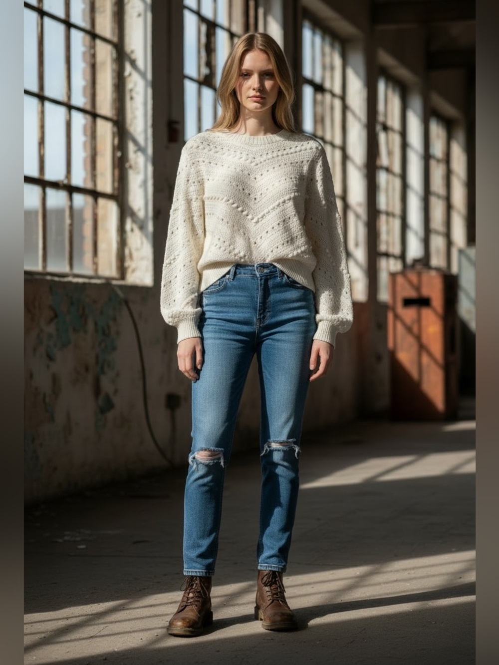 NEW, My STYLE, Chunky Knit Cream Sweater Soft Cotton Blend Textured Boho, Large